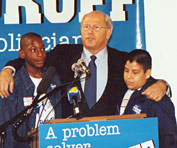 Steve at a rally before taking two Little Brothers to the Super Bowl.