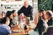 Steve visits with supporters at Mort's Deli.